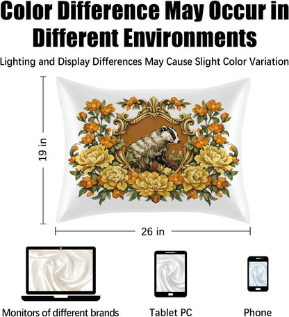 2 Pack Satin Pillowcase, Smooth Silk Pillowcase with Hidden Zipper for Hair Skin, Soft Pillow Case Pillow Covers for Sleeping Gifts for Women Standard Size 20''x26'', Yellow Peony Badger