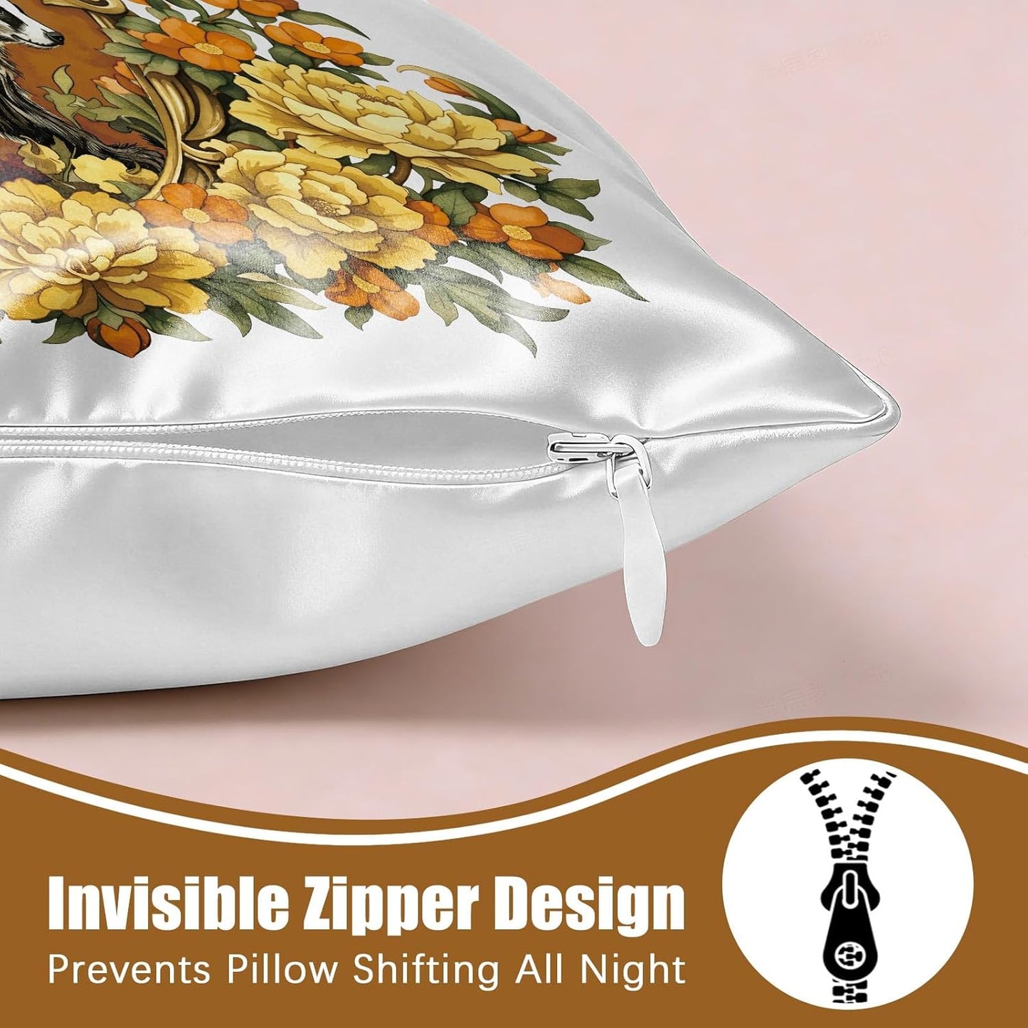 2 Pack Satin Pillowcase, Smooth Silk Pillowcase with Hidden Zipper for Hair Skin, Soft Pillow Case Pillow Covers for Sleeping Gifts for Women Standard Size 20''x26'', Yellow Peony Badger