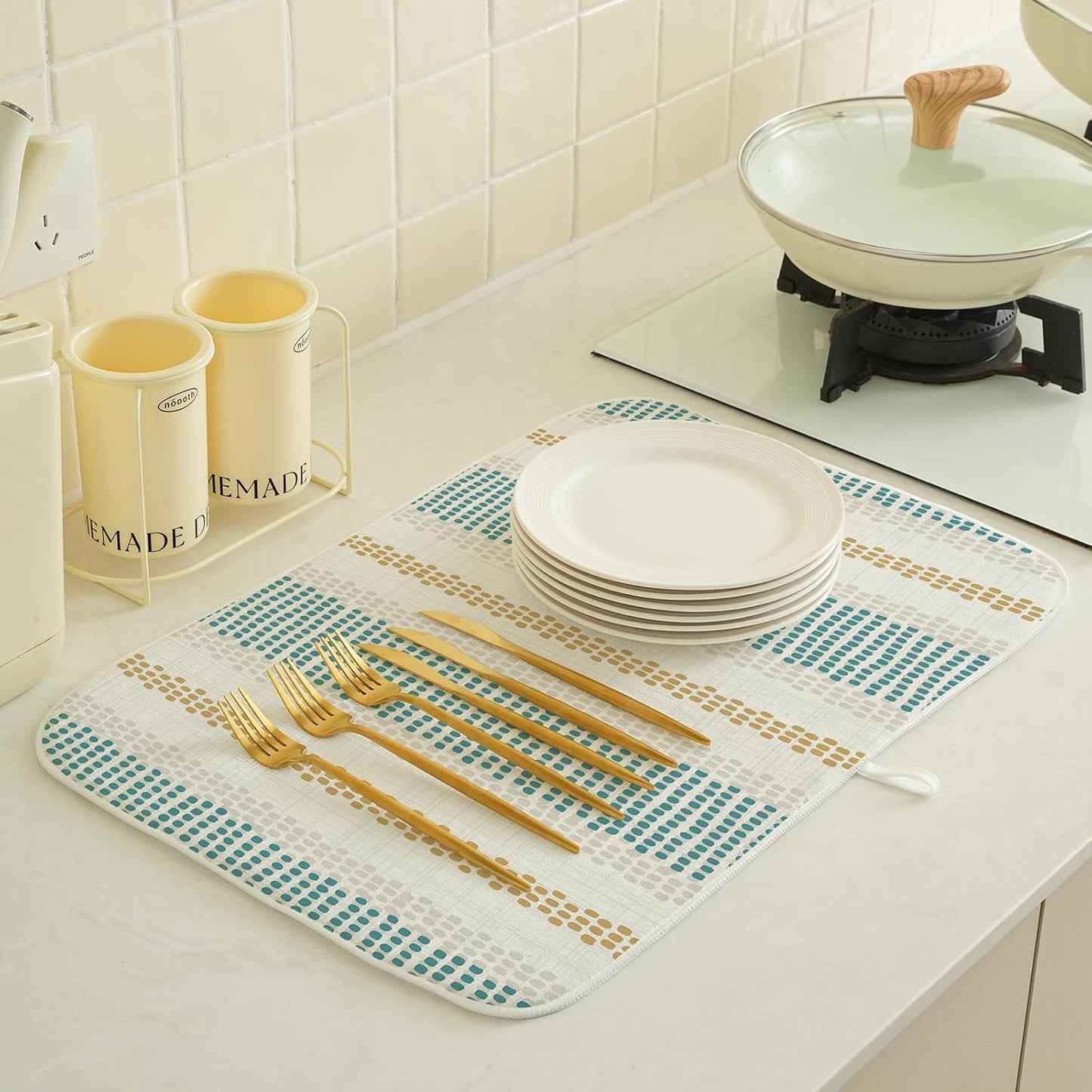 Aqua Teal Mustard Yellow Dish Drying Mat 18x24 Inches for Kitchen Counter Beige Polka Dots Striped Kitchen Decoration Drying Mat Decorative Boho Modern Drying Pad for Kitchen Dining Room Decor