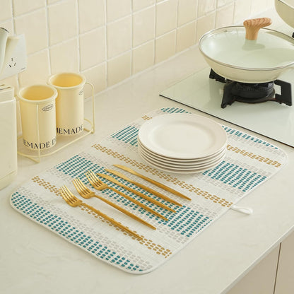 Aqua Teal Mustard Yellow Dish Drying Mat 18x24 Inches for Kitchen Counter Beige Polka Dots Striped Kitchen Decoration Drying Mat Decorative Boho Modern Drying Pad for Kitchen Dining Room Decor