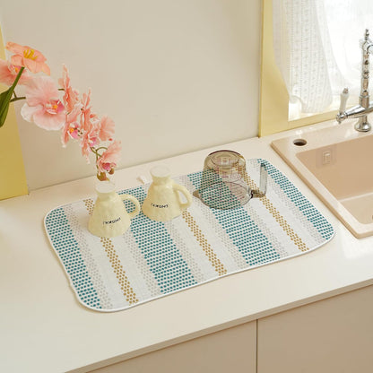 Aqua Teal Mustard Yellow Dish Drying Mat 18x24 Inches for Kitchen Counter Beige Polka Dots Striped Kitchen Decoration Drying Mat Decorative Boho Modern Drying Pad for Kitchen Dining Room Decor