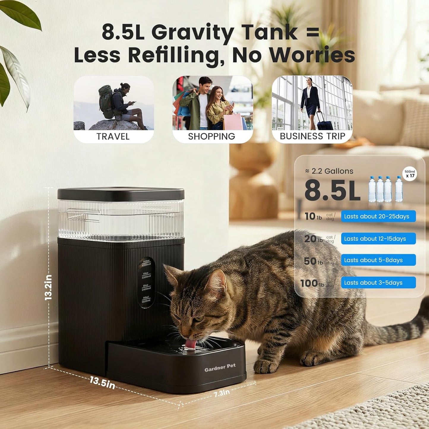2.2 Gallon Automatic Dog Water Bowl Dispenser 8.5L Gravity Water Feeder with Stainless Steel Bowl & Maifan Stone Filter, BPA-Free for for Cats and Dogs (Black, 2.2 Gallon)