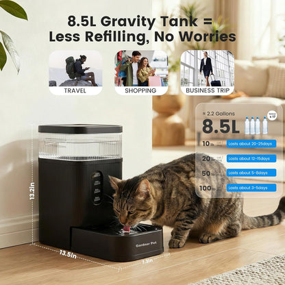 2.2 Gallon Automatic Dog Water Bowl Dispenser 8.5L Gravity Water Feeder with Stainless Steel Bowl & Maifan Stone Filter, BPA-Free for for Cats and Dogs (Black, 2.2 Gallon)