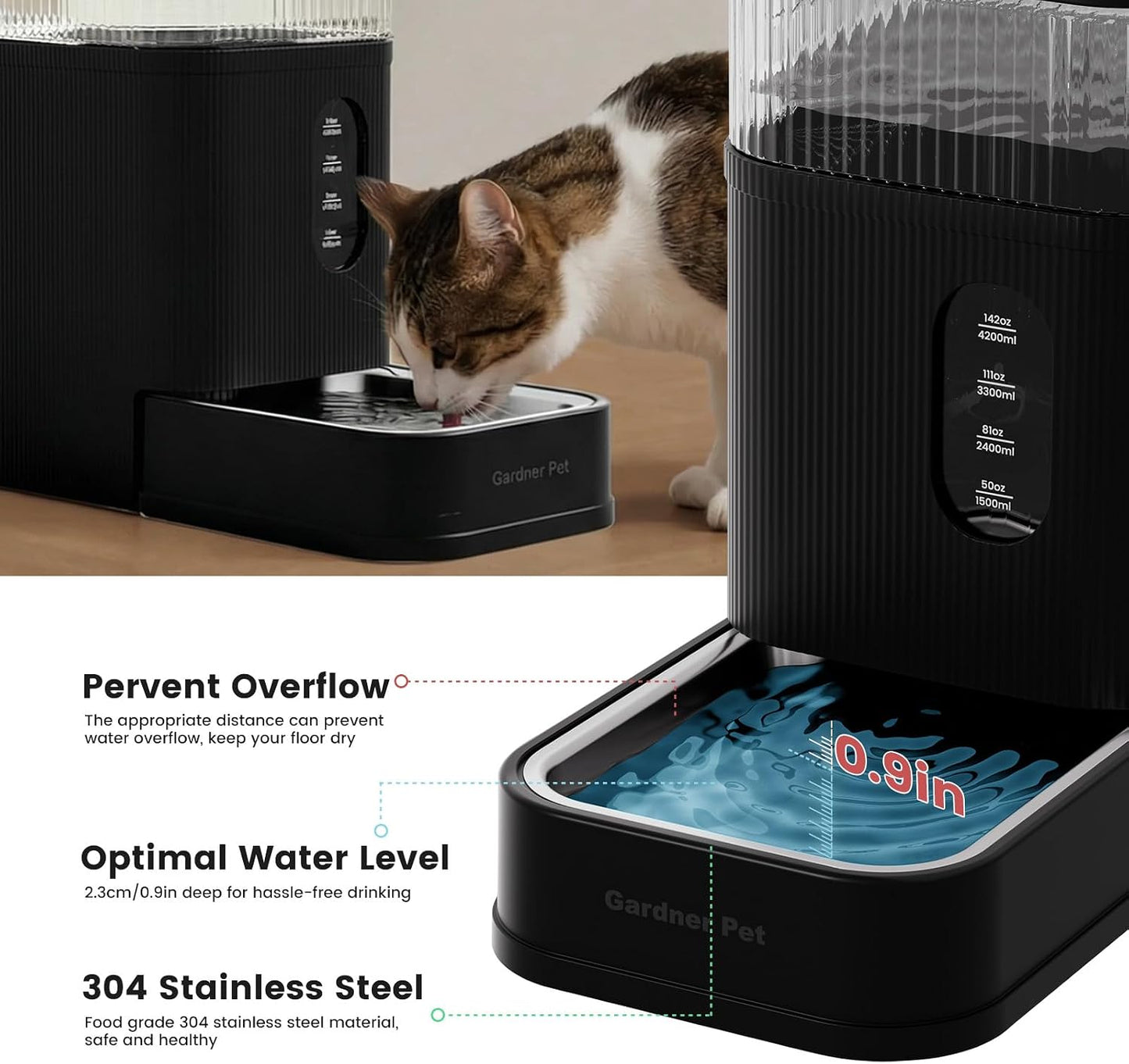2.2 Gallon Automatic Dog Water Bowl Dispenser 8.5L Gravity Water Feeder with Stainless Steel Bowl & Maifan Stone Filter, BPA-Free for for Cats and Dogs (Black, 2.2 Gallon)