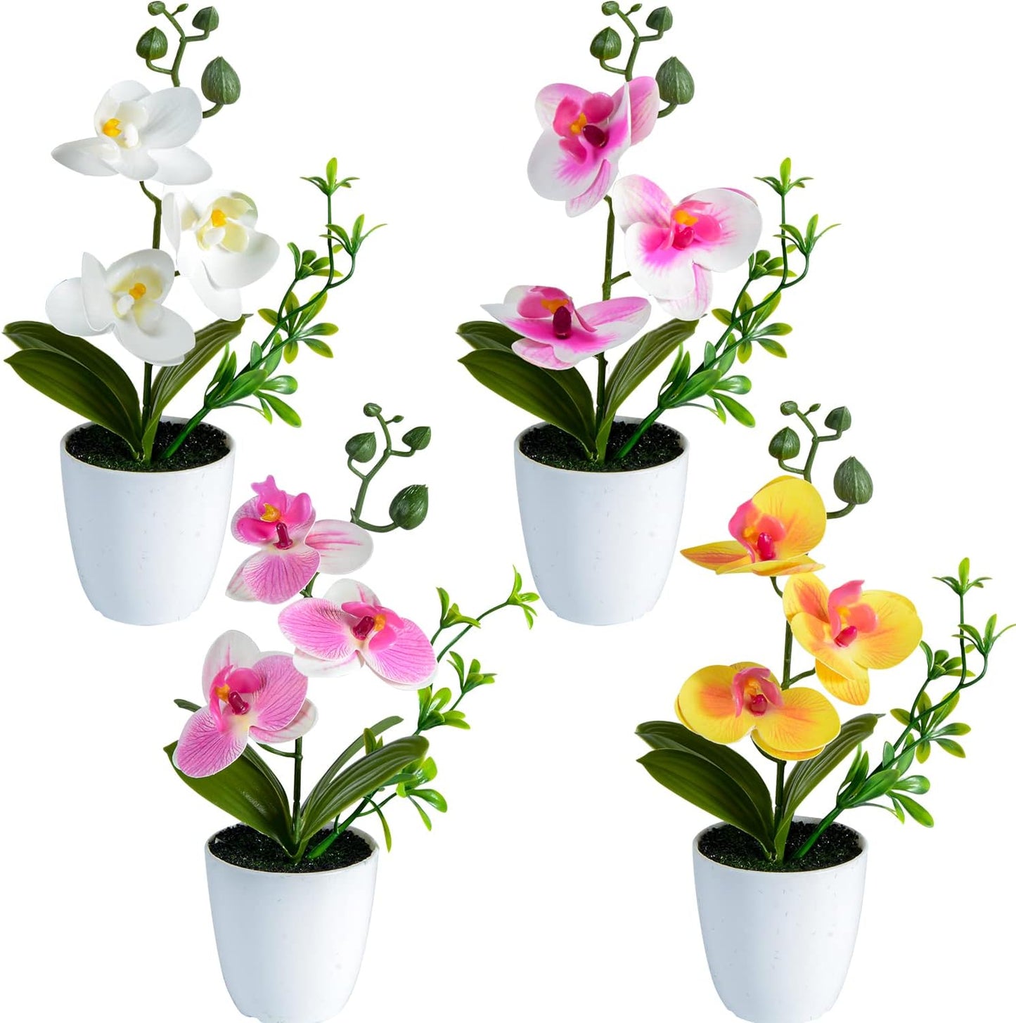 4Pcs Artificial Orchid Flowers Mini Potted Orchid Flowers Fake Orchids with Plastic Vase for Home Office Wedding Table Centerpiece Decoration(White,Yellow,Pink,Light Pink)