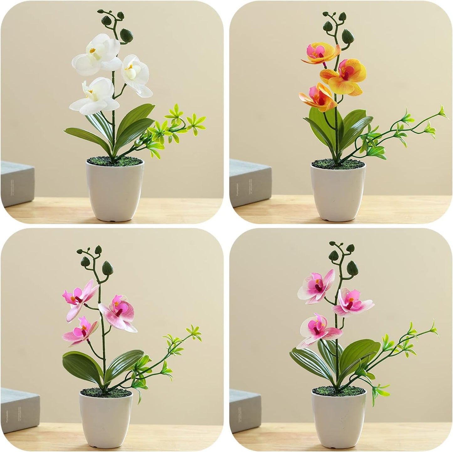 4Pcs Artificial Orchid Flowers Mini Potted Orchid Flowers Fake Orchids with Plastic Vase for Home Office Wedding Table Centerpiece Decoration(White,Yellow,Pink,Light Pink)