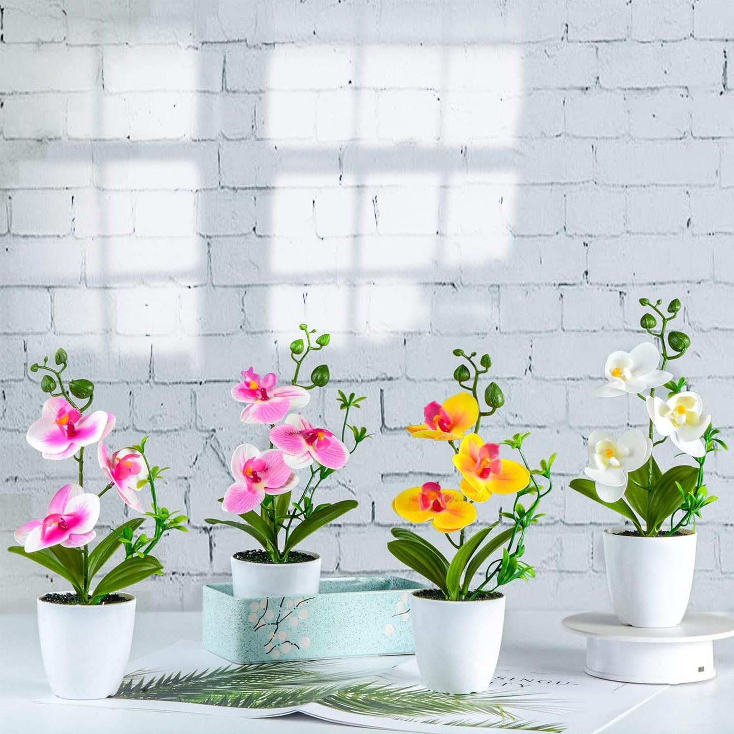 4Pcs Artificial Orchid Flowers Mini Potted Orchid Flowers Fake Orchids with Plastic Vase for Home Office Wedding Table Centerpiece Decoration(White,Yellow,Pink,Light Pink)