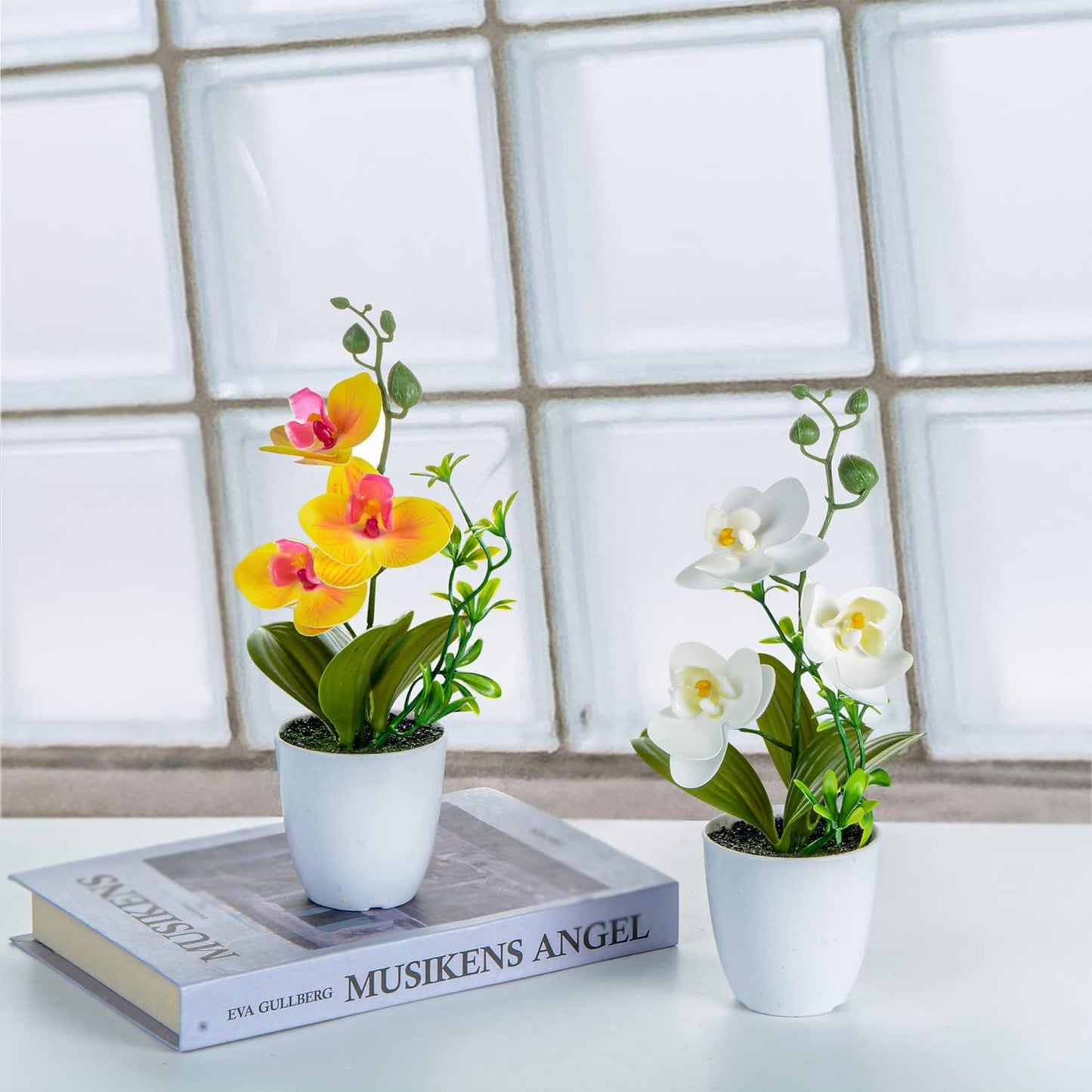4Pcs Artificial Orchid Flowers Mini Potted Orchid Flowers Fake Orchids with Plastic Vase for Home Office Wedding Table Centerpiece Decoration(White,Yellow,Pink,Light Pink)