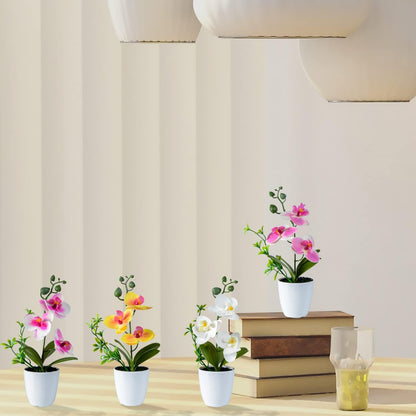 4Pcs Artificial Orchid Flowers Mini Potted Orchid Flowers Fake Orchids with Plastic Vase for Home Office Wedding Table Centerpiece Decoration(White,Yellow,Pink,Light Pink)