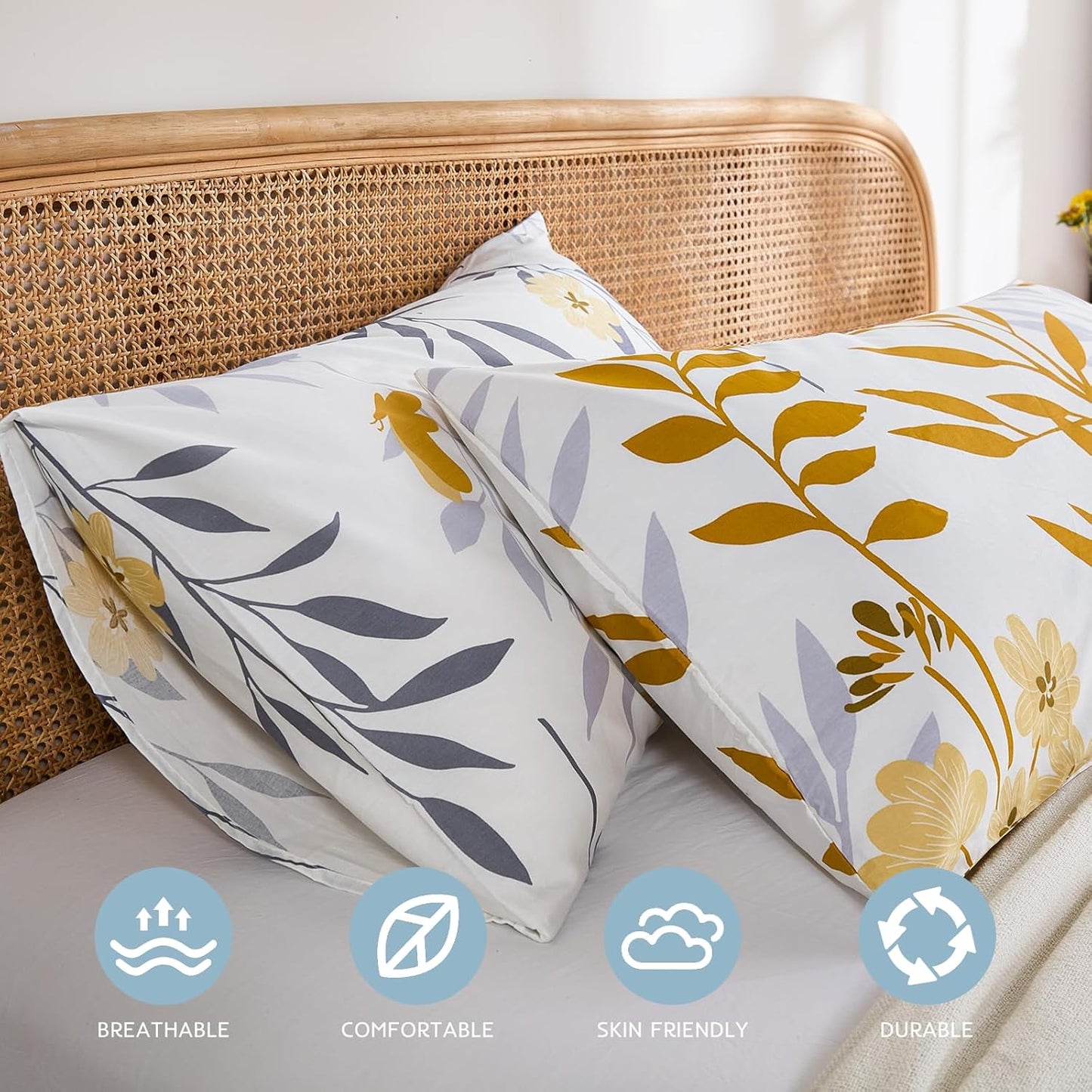 Standard Size Pillowcases Set of 2, 100% Cotton Pillow Cases, Yellow Floral Print, Soft Breathable Envelope Closure Pillow Covers(Standard, 20"x26")