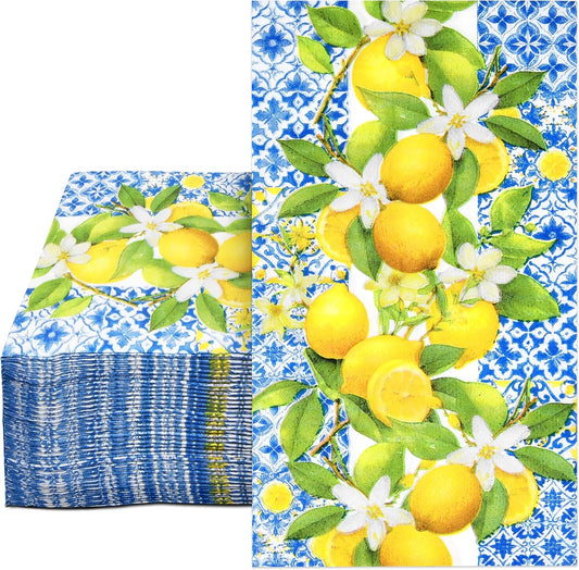 Lemon Guest Napkins 100 Pack, Blue Italian Tile 3 Ply Disposable Paper Hand Towels for Summer Kitchen Party Decor