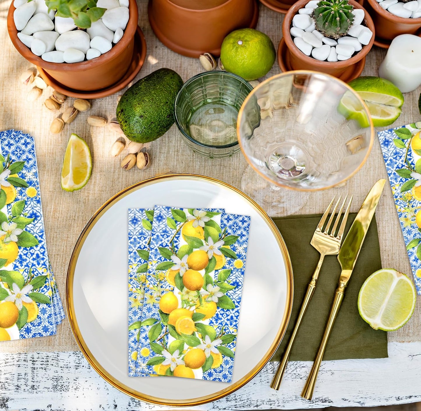 Lemon Guest Napkins 100 Pack, Blue Italian Tile 3 Ply Disposable Paper Hand Towels for Summer Kitchen Party Decor