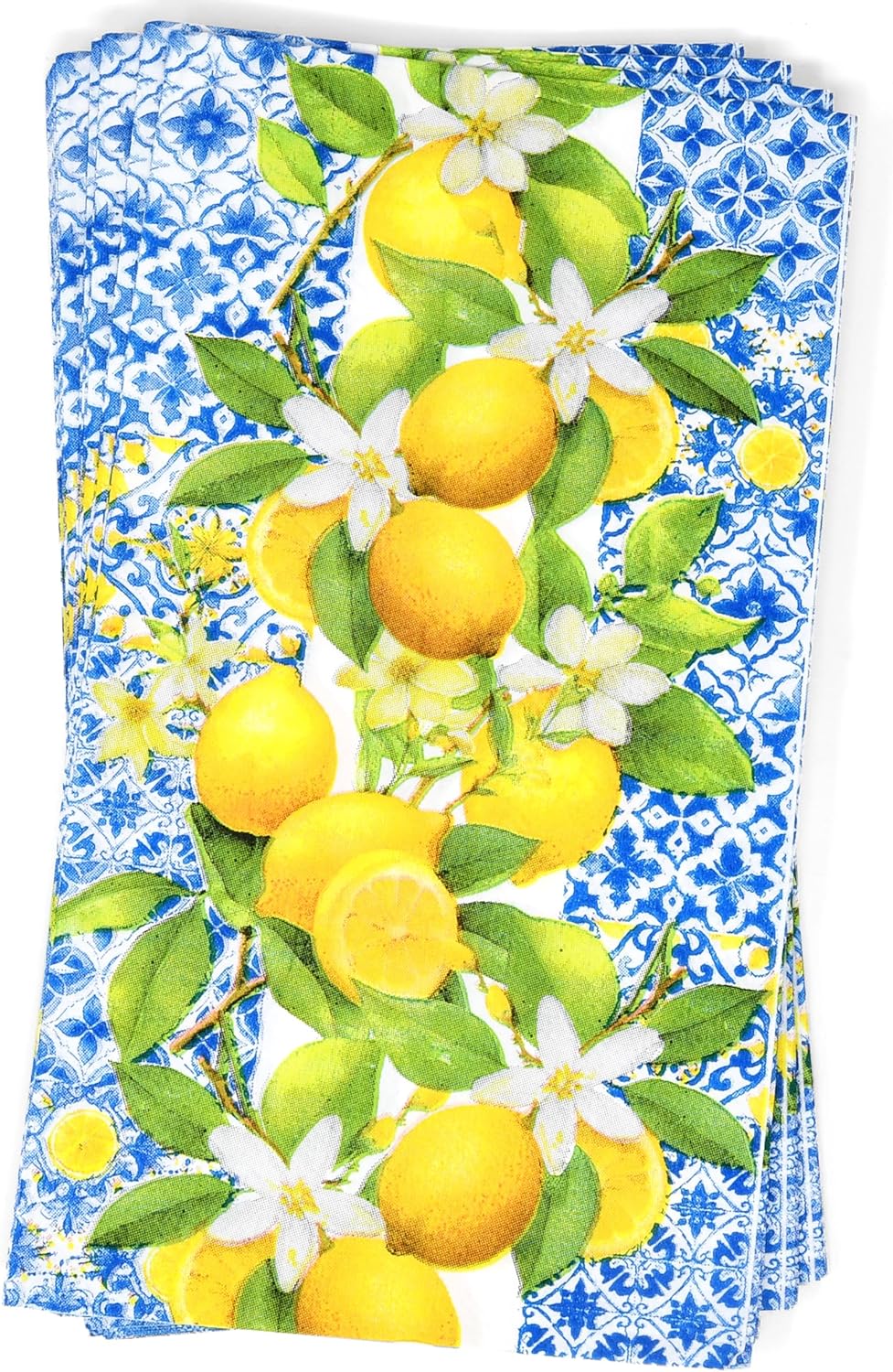 Lemon Guest Napkins 100 Pack, Blue Italian Tile 3 Ply Disposable Paper Hand Towels for Summer Kitchen Party Decor