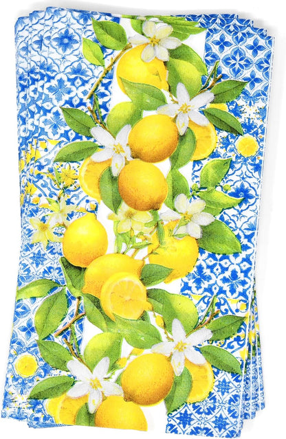 Lemon Guest Napkins 100 Pack, Blue Italian Tile 3 Ply Disposable Paper Hand Towels for Summer Kitchen Party Decor