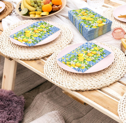 Lemon Guest Napkins 100 Pack, Blue Italian Tile 3 Ply Disposable Paper Hand Towels for Summer Kitchen Party Decor