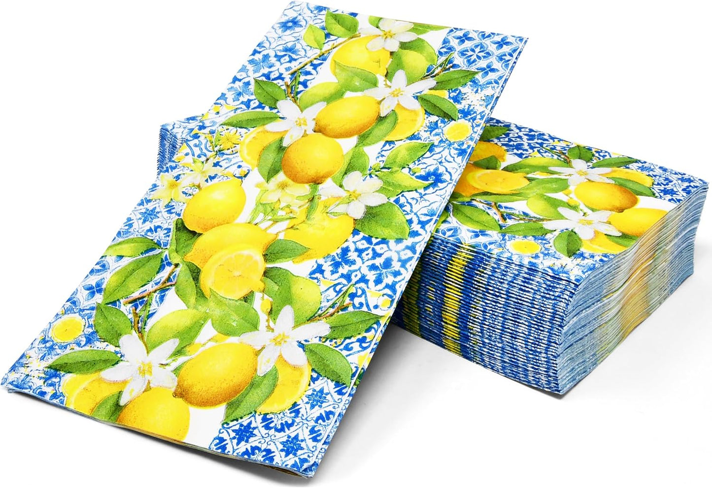 Lemon Guest Napkins 100 Pack, Blue Italian Tile 3 Ply Disposable Paper Hand Towels for Summer Kitchen Party Decor