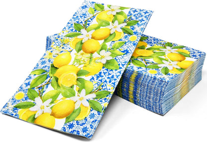 Lemon Guest Napkins 100 Pack, Blue Italian Tile 3 Ply Disposable Paper Hand Towels for Summer Kitchen Party Decor