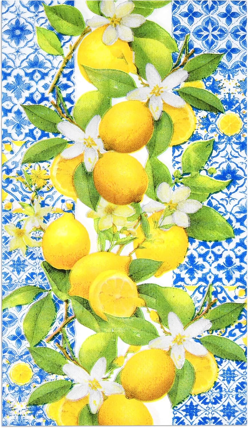 Lemon Guest Napkins 100 Pack, Blue Italian Tile 3 Ply Disposable Paper Hand Towels for Summer Kitchen Party Decor