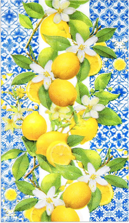 Lemon Guest Napkins 100 Pack, Blue Italian Tile 3 Ply Disposable Paper Hand Towels for Summer Kitchen Party Decor