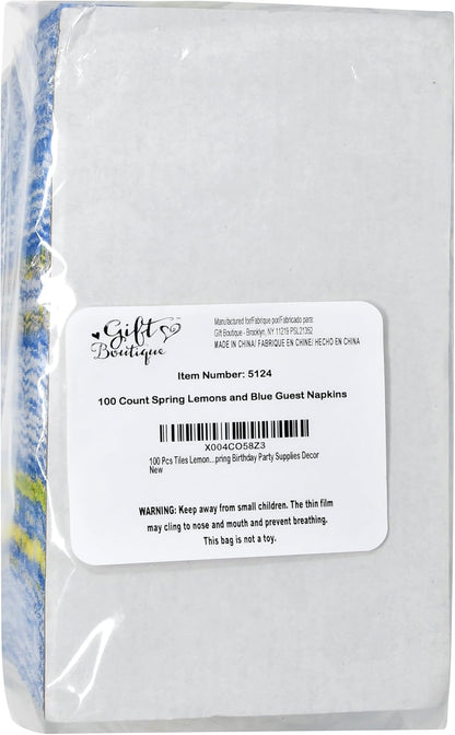 Lemon Guest Napkins 100 Pack, Blue Italian Tile 3 Ply Disposable Paper Hand Towels for Summer Kitchen Party Decor