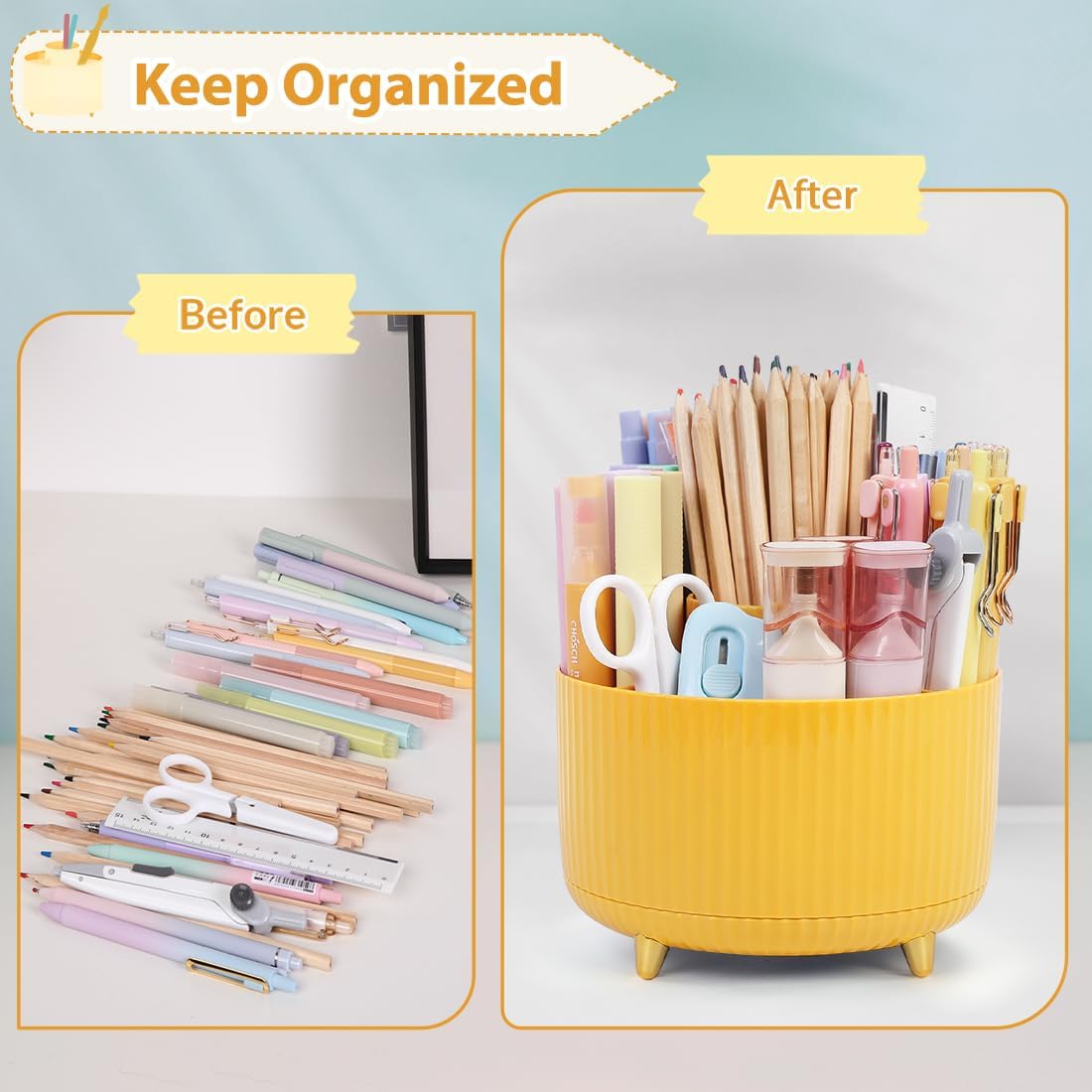 360 Degree Rotating Desk Organizer, Dual-Purpose Pencil Pen Holder, Rotating Desk Pen Organizer with 5 Slots, Pencil Cup for Office, School, Home