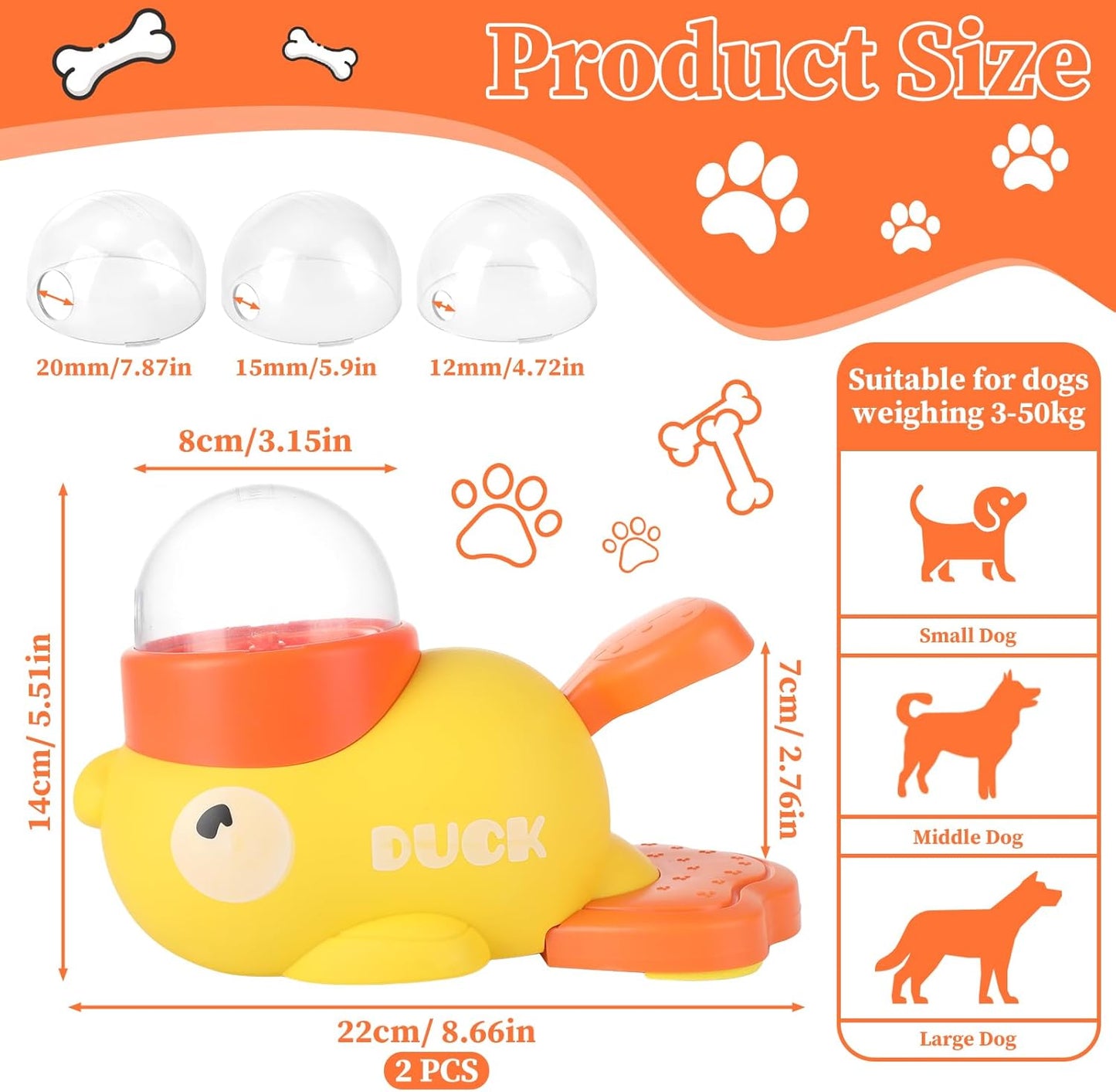2 Pcs 2-in-1 Interactive Duck Treat Dispenser, Slow Duck Pet Feeder, Dog Treat Dispenser Toy, Feeder Puzzle Toy with 3 Food Outlet Sizes Toy for Small Medium Large Dogs (Yellow/White)
