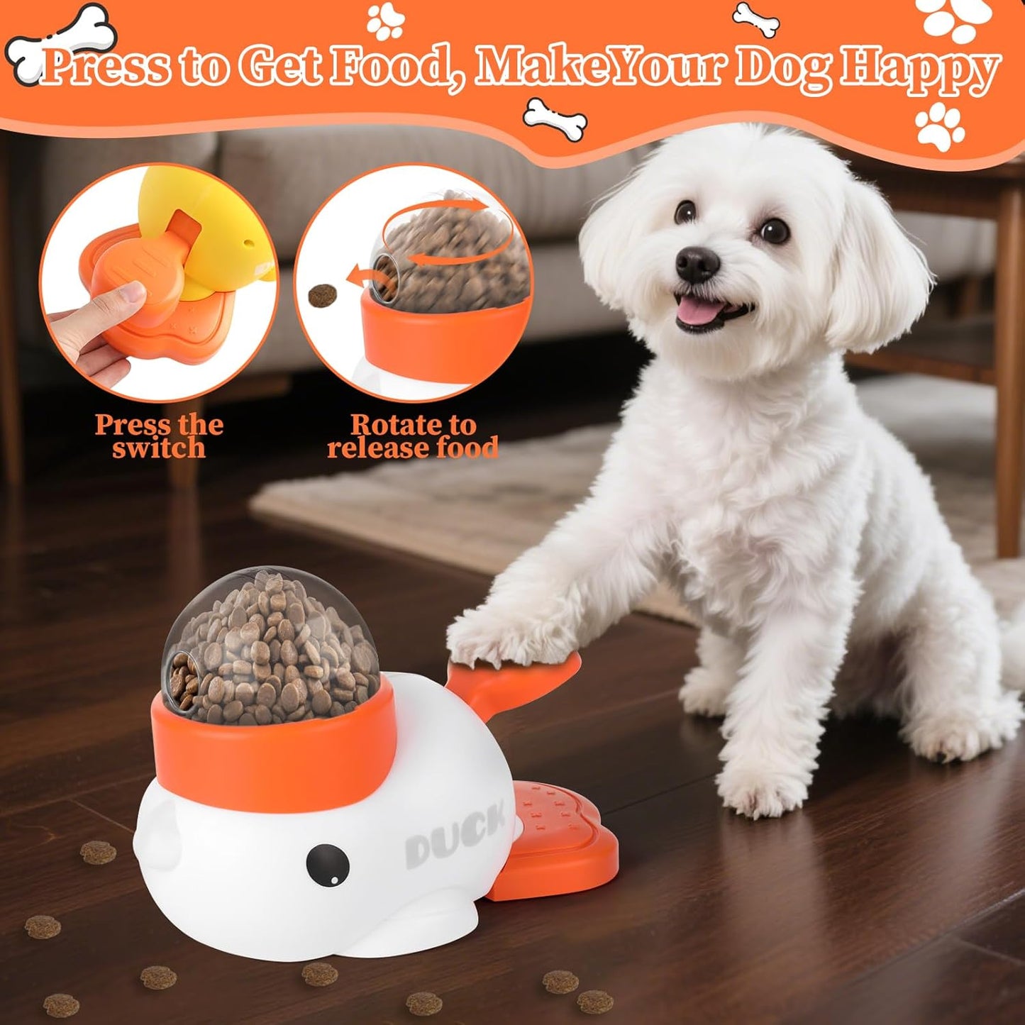2 Pcs 2-in-1 Interactive Duck Treat Dispenser, Slow Duck Pet Feeder, Dog Treat Dispenser Toy, Feeder Puzzle Toy with 3 Food Outlet Sizes Toy for Small Medium Large Dogs (Yellow/White)