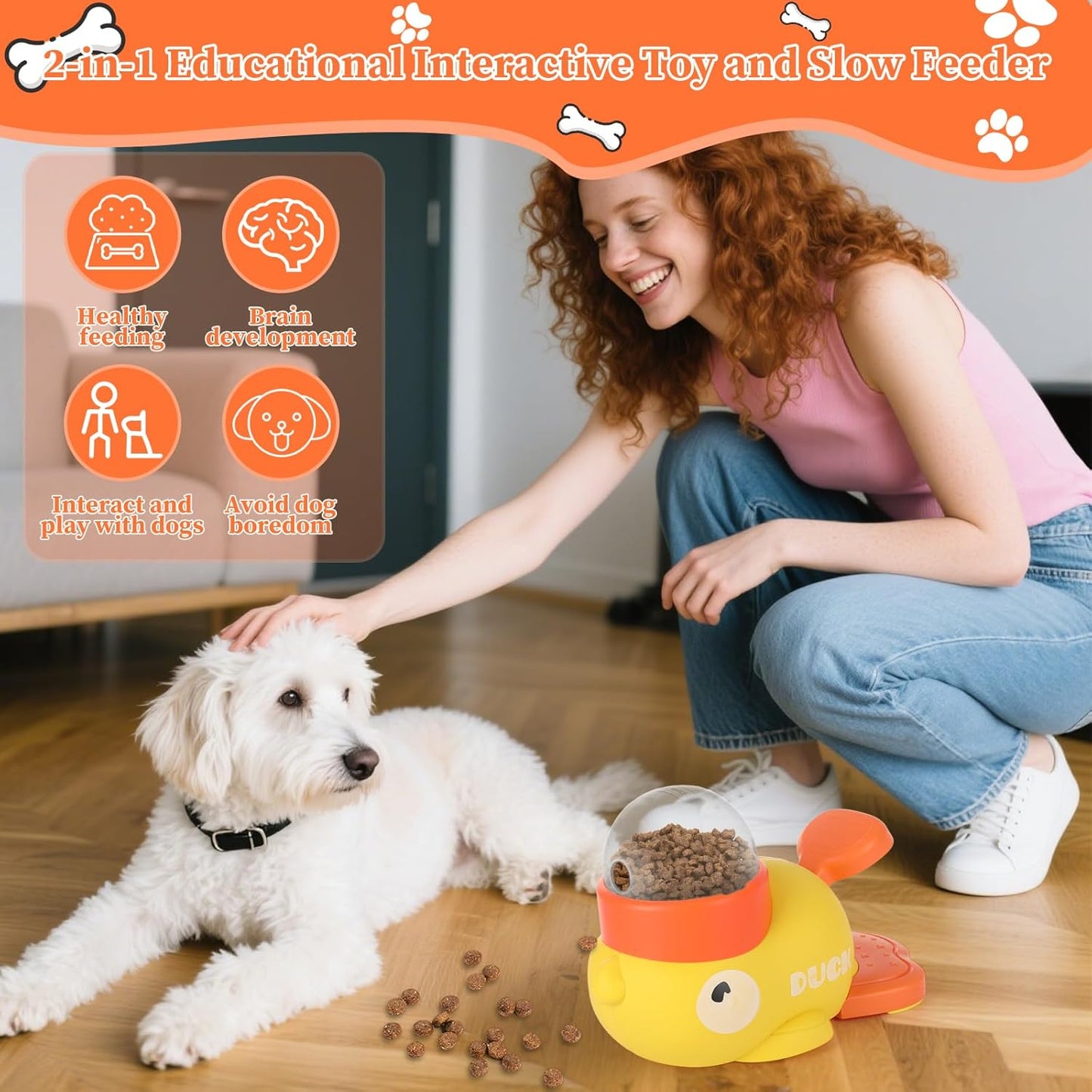 2 Pcs 2-in-1 Interactive Duck Treat Dispenser, Slow Duck Pet Feeder, Dog Treat Dispenser Toy, Feeder Puzzle Toy with 3 Food Outlet Sizes Toy for Small Medium Large Dogs (Yellow/White)