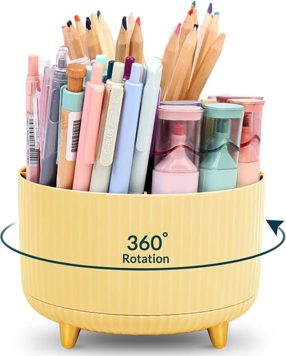 Pencil Pen Holder for Desk, 5 Slots 360-Degree Rotating Desktop Organizer, Cute Desk Organizers and Accessories for School, Home, Office and Art Supply, Yellow