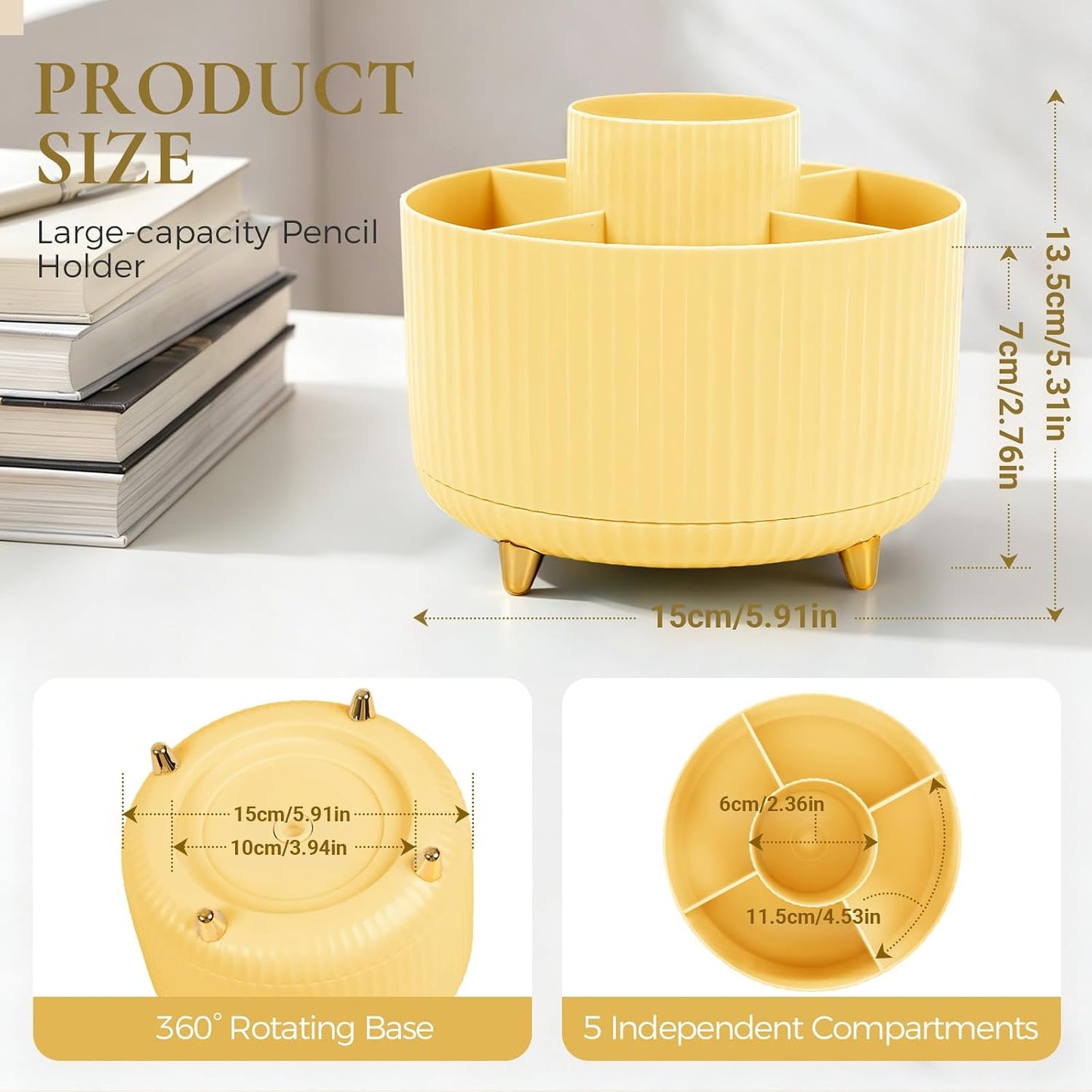 Pencil Pen Holder for Desk, 5 Slots 360-Degree Rotating Desktop Organizer, Cute Desk Organizers and Accessories for School, Home, Office and Art Supply, Yellow
