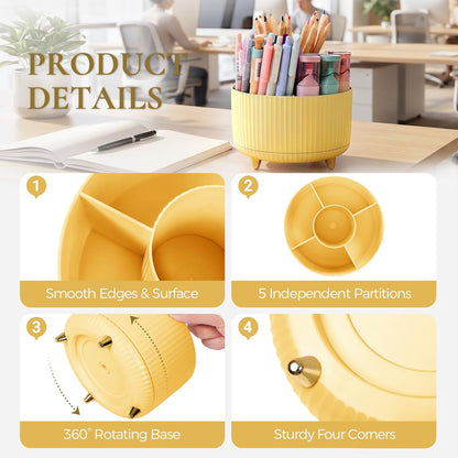 Pencil Pen Holder for Desk, 5 Slots 360-Degree Rotating Desktop Organizer, Cute Desk Organizers and Accessories for School, Home, Office and Art Supply, Yellow