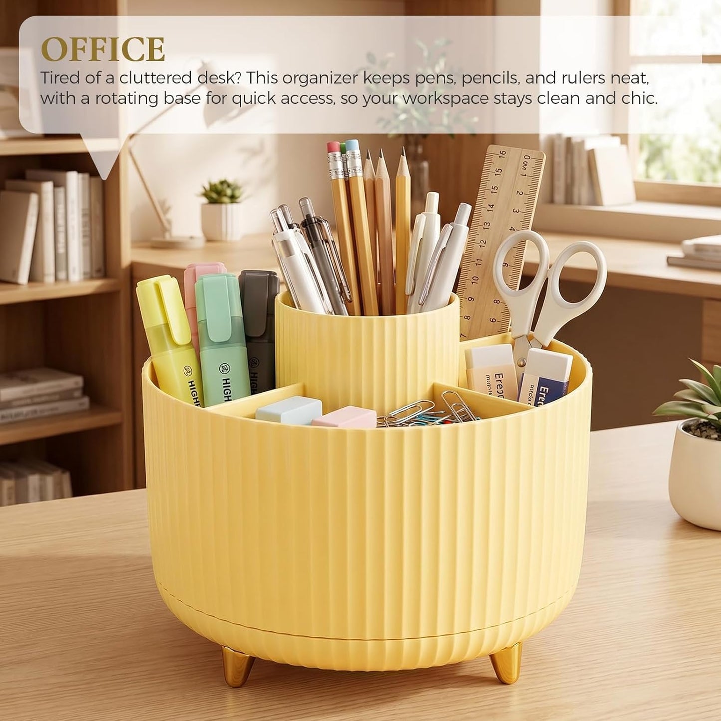Pencil Pen Holder for Desk, 5 Slots 360-Degree Rotating Desktop Organizer, Cute Desk Organizers and Accessories for School, Home, Office and Art Supply, Yellow
