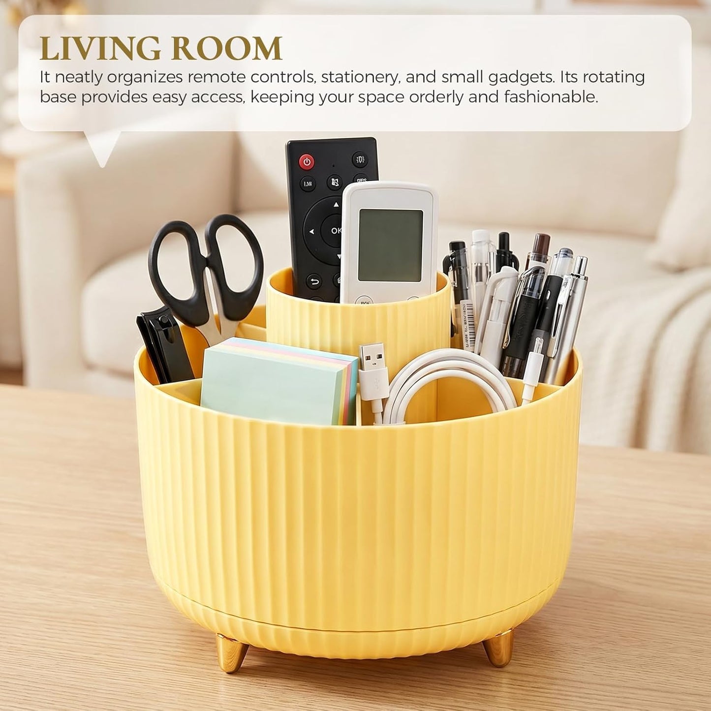 Pencil Pen Holder for Desk, 5 Slots 360-Degree Rotating Desktop Organizer, Cute Desk Organizers and Accessories for School, Home, Office and Art Supply, Yellow