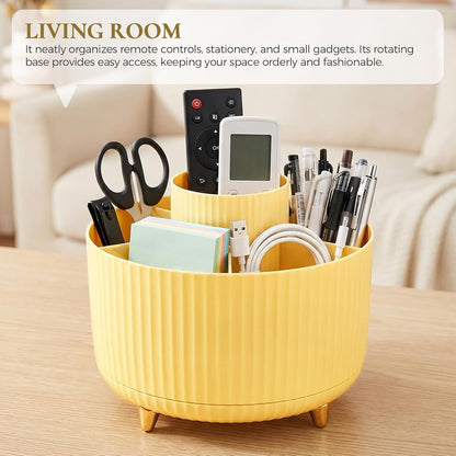 Pencil Pen Holder for Desk, 5 Slots 360-Degree Rotating Desktop Organizer, Cute Desk Organizers and Accessories for School, Home, Office and Art Supply, Yellow