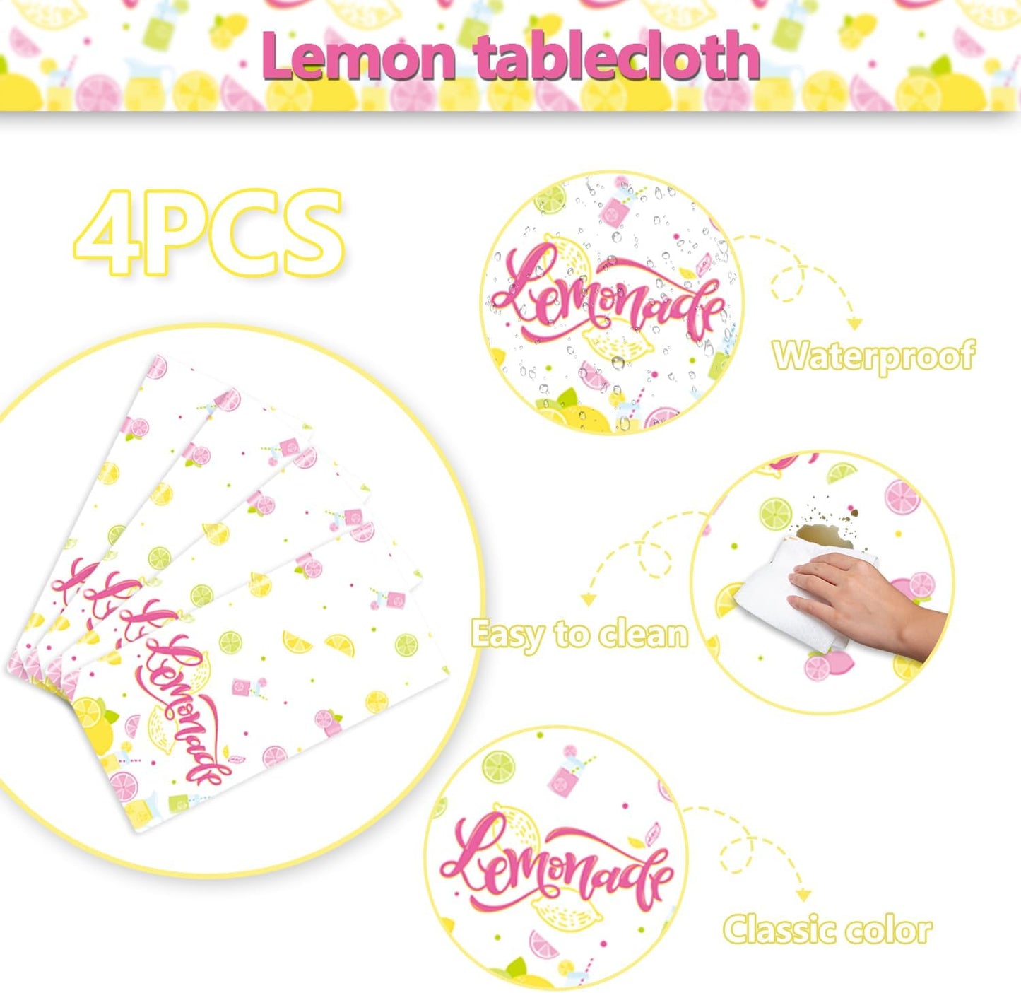 4Pcs Lemonade Stand Tablecloths, Pink Yellow Tablecloth, Rectangular Lemonade Stand Supplies for Kids Birthday Baby Shower Summer Fruit Lemonade Party Decorations, 86 x 51 Inch