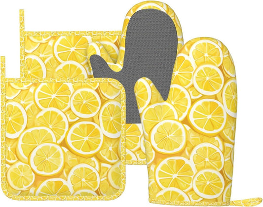 Oven Mitts and Pot Holders Lemon Watercolor Yellow Silicone Kitchen Accessories Set of 4 Heat Resistant Long Gloves Potholder Non-Slip Grip for Chef Cooking Baking Grilling BBQ