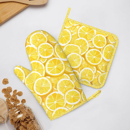 Oven Mitts and Pot Holders Lemon Watercolor Yellow Silicone Kitchen Accessories Set of 4 Heat Resistant Long Gloves Potholder Non-Slip Grip for Chef Cooking Baking Grilling BBQ