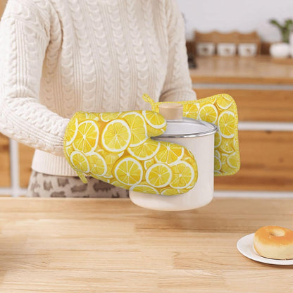 Oven Mitts and Pot Holders Lemon Watercolor Yellow Silicone Kitchen Accessories Set of 4 Heat Resistant Long Gloves Potholder Non-Slip Grip for Chef Cooking Baking Grilling BBQ