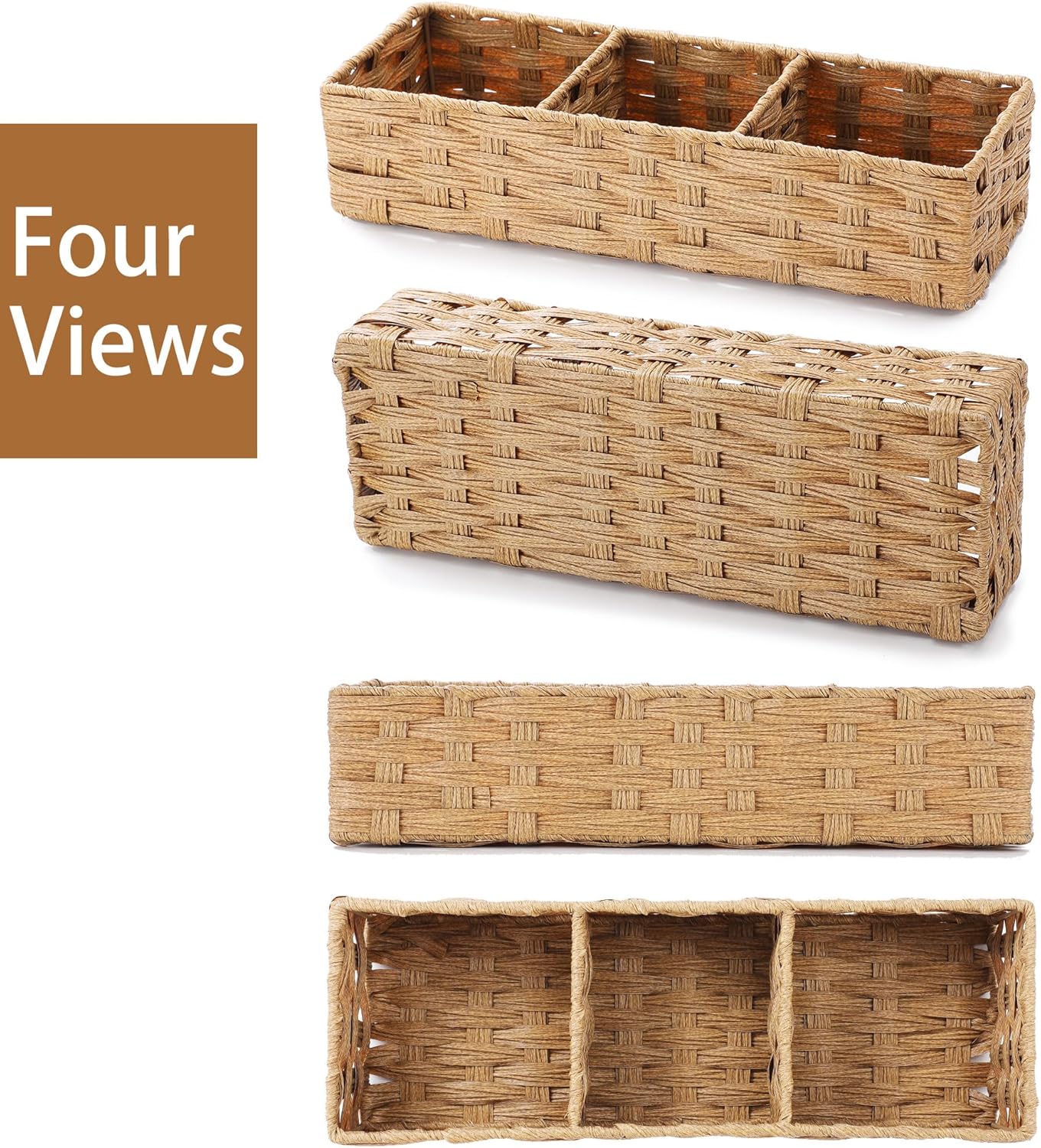 Toilet Tank Topper Paper Basket Multiuse Hand Woven Plastic Wicker Basket Bins with Divider for Shelves Rustic Farmhouse Bathroom Decor Countertop Organizer Storage (Yellow-big 3 boxes)