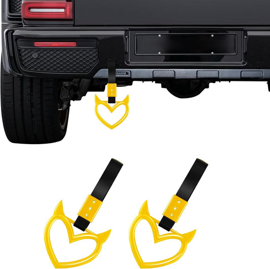 2PCS Devil Heart Handle Ring, Heart Hand Strap Drift Charm, Cute Heart-Shaped Warning Loops, Easy Installation Rear Bumper Warning Ring Decor, Interior Decoration for Car (Yellow)