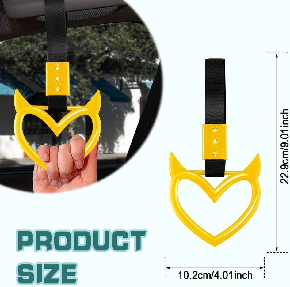 2PCS Devil Heart Handle Ring, Heart Hand Strap Drift Charm, Cute Heart-Shaped Warning Loops, Easy Installation Rear Bumper Warning Ring Decor, Interior Decoration for Car (Yellow)