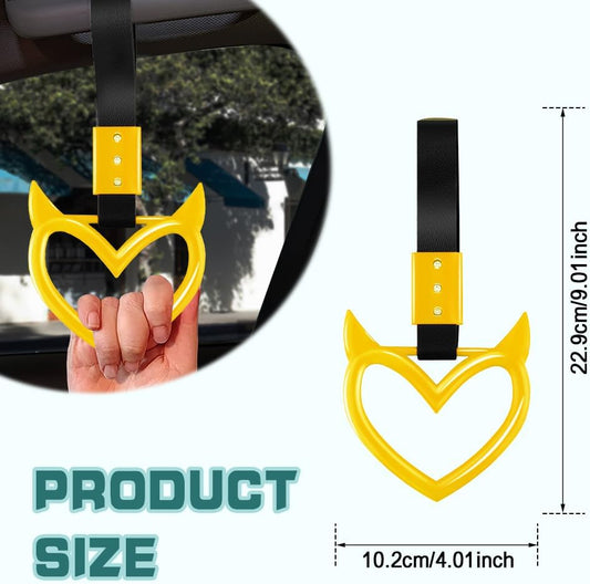 2PCS Devil Heart Handle Ring, Heart Hand Strap Drift Charm, Cute Heart-Shaped Warning Loops, Easy Installation Rear Bumper Warning Ring Decor, Interior Decoration for Car (Yellow)