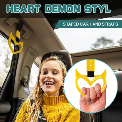 2PCS Devil Heart Handle Ring, Heart Hand Strap Drift Charm, Cute Heart-Shaped Warning Loops, Easy Installation Rear Bumper Warning Ring Decor, Interior Decoration for Car (Yellow)
