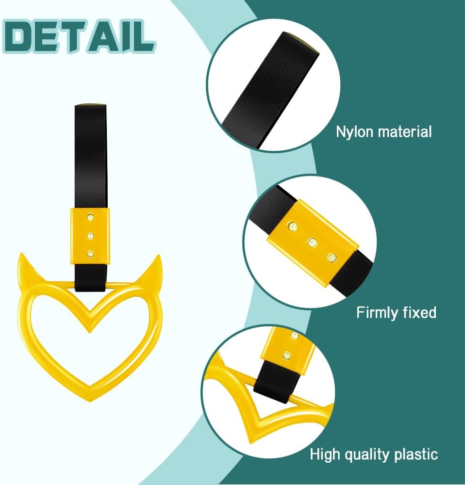 2PCS Devil Heart Handle Ring, Heart Hand Strap Drift Charm, Cute Heart-Shaped Warning Loops, Easy Installation Rear Bumper Warning Ring Decor, Interior Decoration for Car (Yellow)