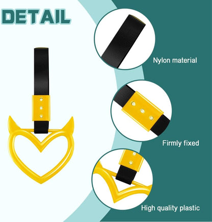 2PCS Devil Heart Handle Ring, Heart Hand Strap Drift Charm, Cute Heart-Shaped Warning Loops, Easy Installation Rear Bumper Warning Ring Decor, Interior Decoration for Car (Yellow)