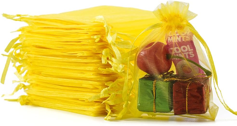Meowoo 100PCS Organza Bags, 3x4in Small Mesh Bags Drawstring, Mesh Gift Bags Drawstring for Jewelry, Candy, Christmas, Sachets, Festivals, Bathroom Soaps, Makeup Organza, Wrapping Supplies(yellow)
