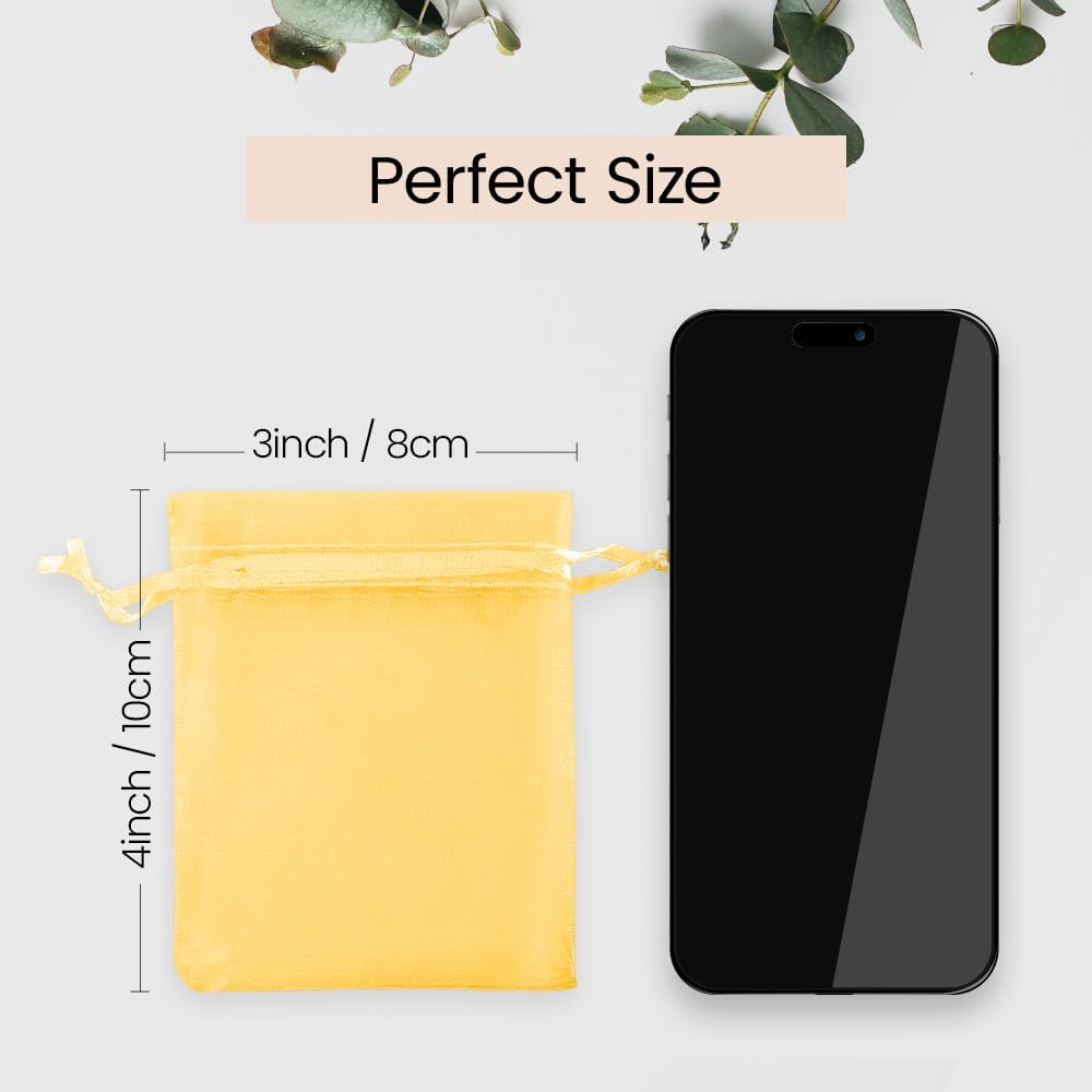 Meowoo 100PCS Organza Bags, 3x4in Small Mesh Bags Drawstring, Mesh Gift Bags Drawstring for Jewelry, Candy, Christmas, Sachets, Festivals, Bathroom Soaps, Makeup Organza, Wrapping Supplies(yellow)