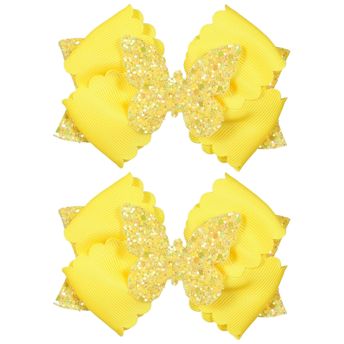 4" Glitter Yellow Scalloped Edge Grosgrain Ribbon Hair Bow Clips for Girls | Sparkly Butterfly Hair Accessories, Non-Slip Alligator Clips, in Pair, Easter Egg Stuffers, Gift for Black to School
