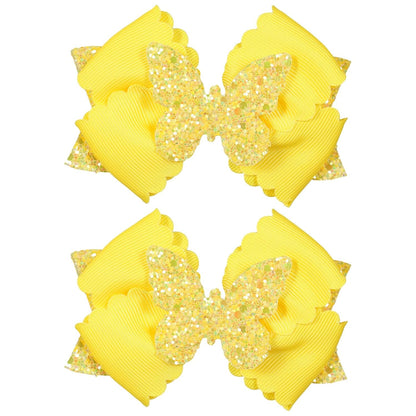 4" Glitter Yellow Scalloped Edge Grosgrain Ribbon Hair Bow Clips for Girls | Sparkly Butterfly Hair Accessories, Non-Slip Alligator Clips, in Pair, Easter Egg Stuffers, Gift for Black to School