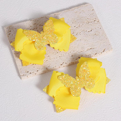 4" Glitter Yellow Scalloped Edge Grosgrain Ribbon Hair Bow Clips for Girls | Sparkly Butterfly Hair Accessories, Non-Slip Alligator Clips, in Pair, Easter Egg Stuffers, Gift for Black to School